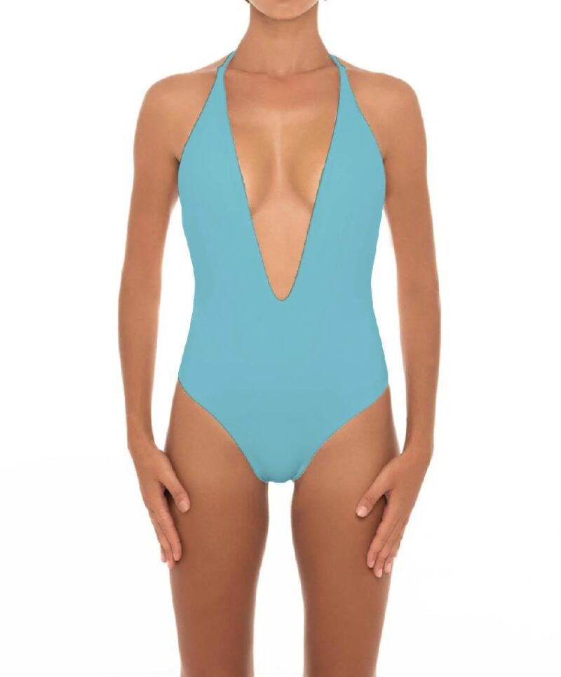 Women Blue Deep V Neck Swimsuit