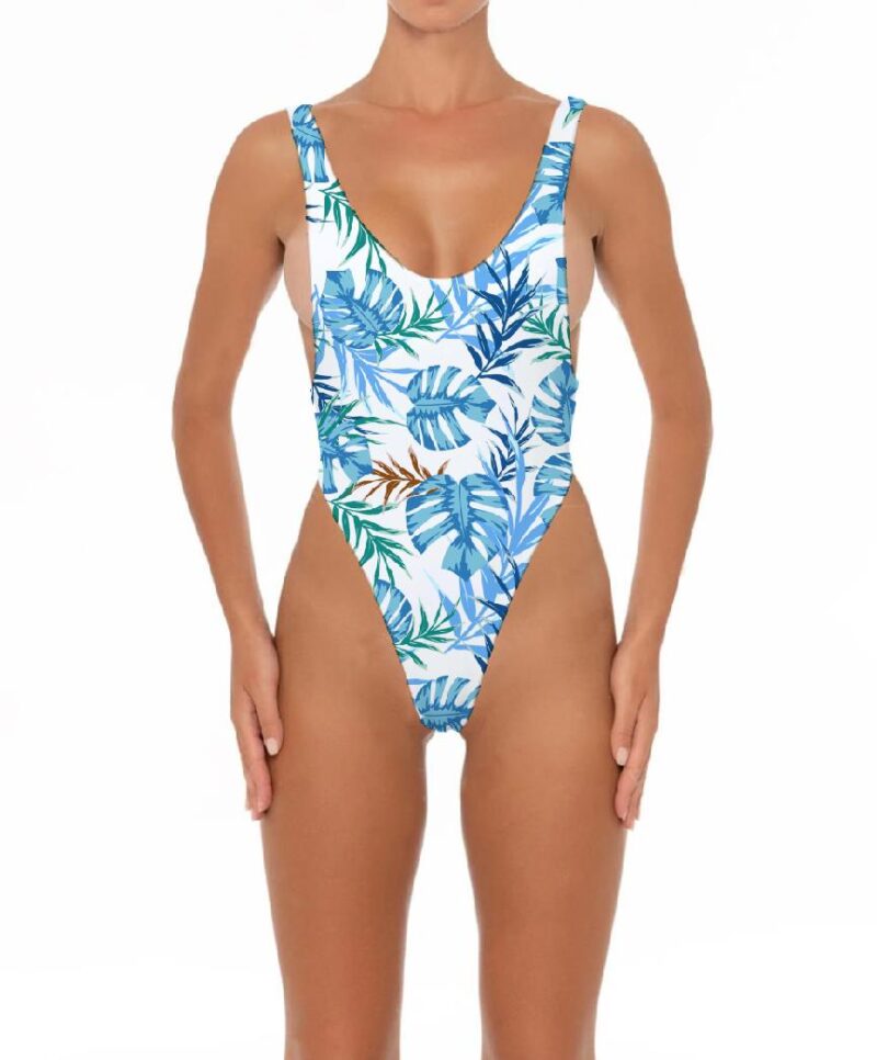 Blue Floral Full Printing One Piece Bikini