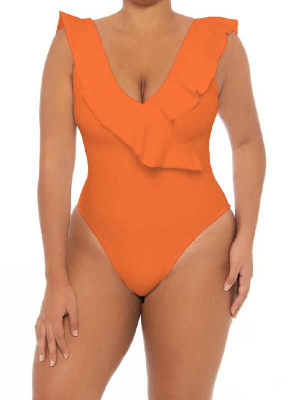 Ruffle Trim Plus Orange V Neck Bikini