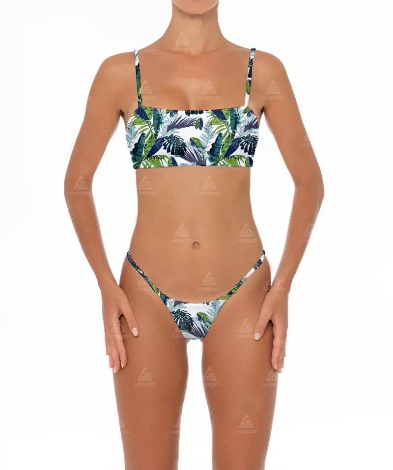 BKN01 Green leaf print two-piece bikini set 01