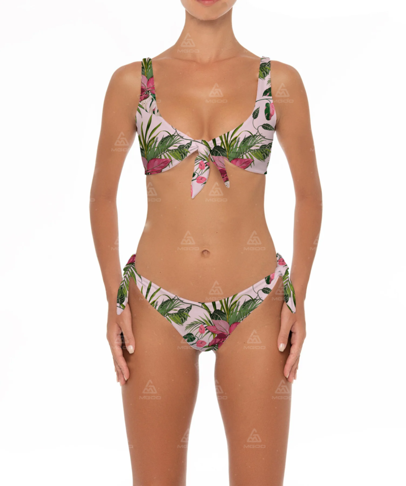 BKN02 Green Grass Print Bow Tie Two-Piece Bikini Set 01