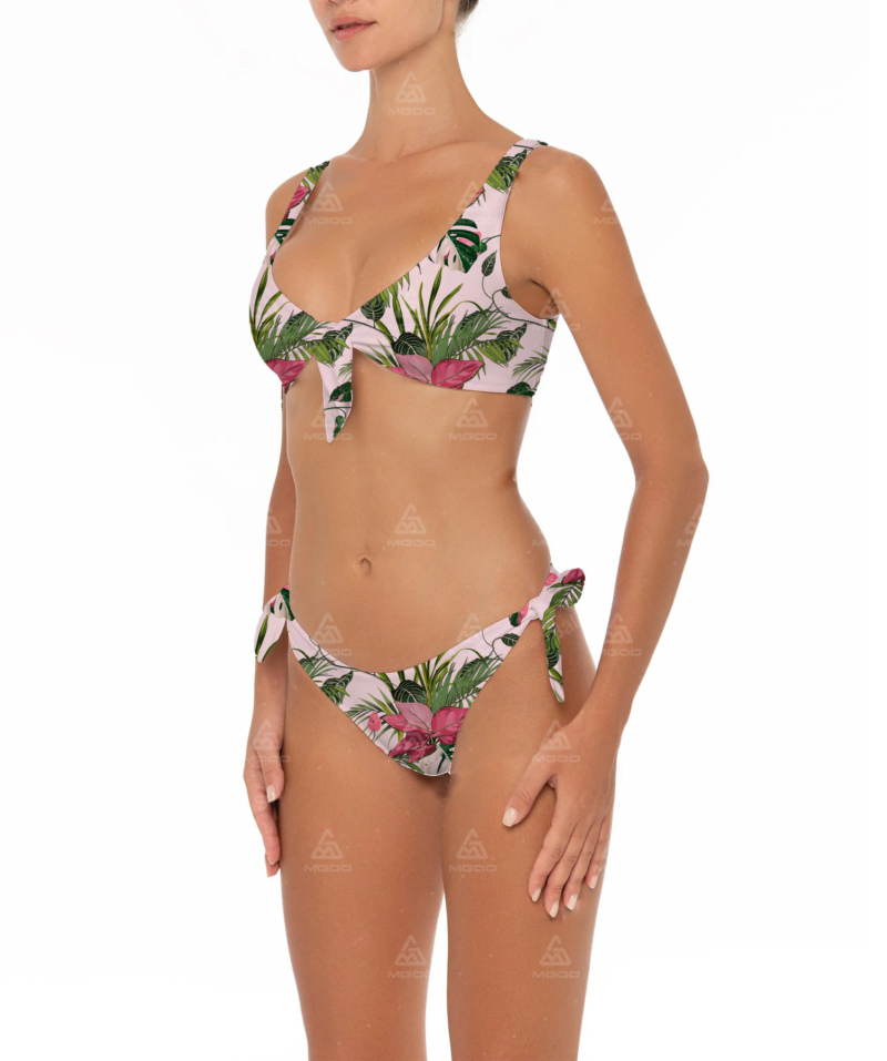 BKN02 Green Grass Print Bow Tie Two-Piece Bikini Set 02