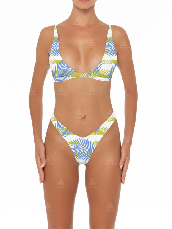 BKN04 Green Leaves Striped Deep V Halter Two-Piece Bikini Set 01