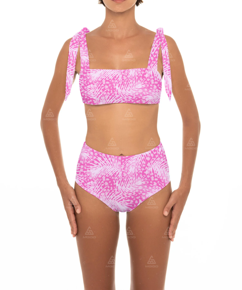 BKN07 Pink Printed Thick Rope Straps Two-Piece High-Waisted Bikini Set 01