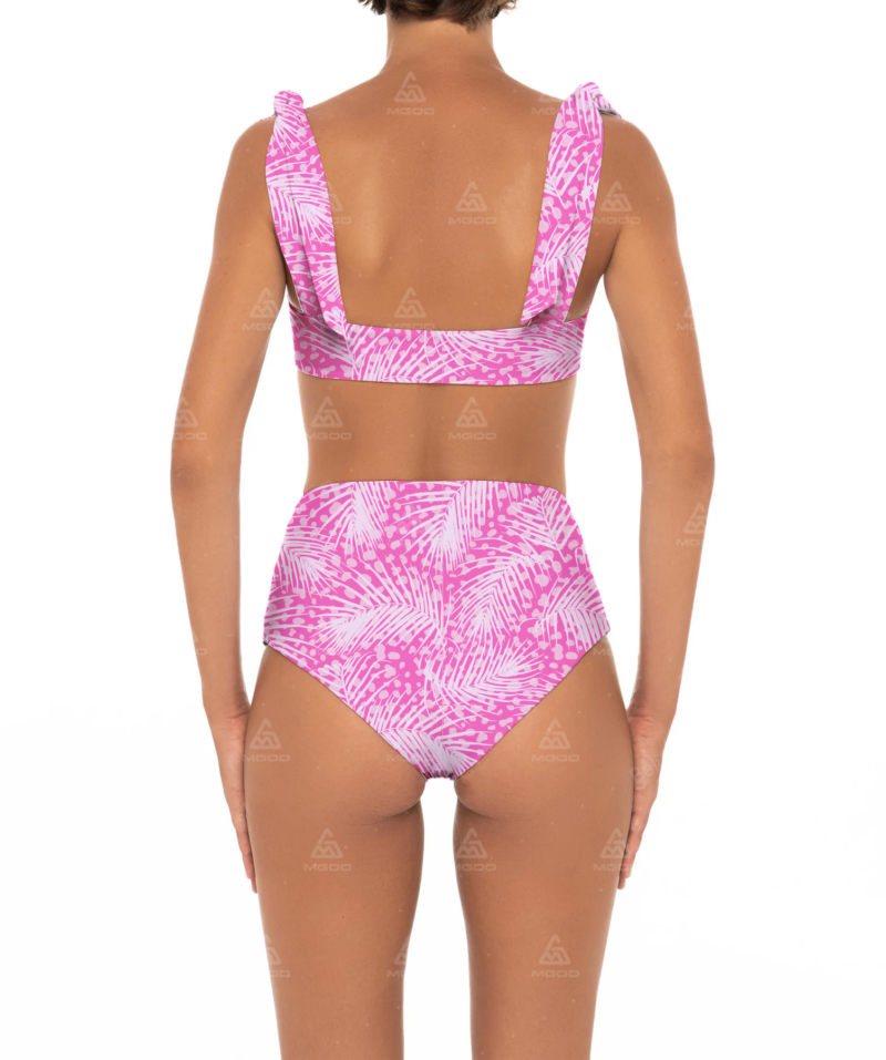 BKN07 Pink Printed Thick Rope Straps Two-Piece High-Waisted Bikini Set 03