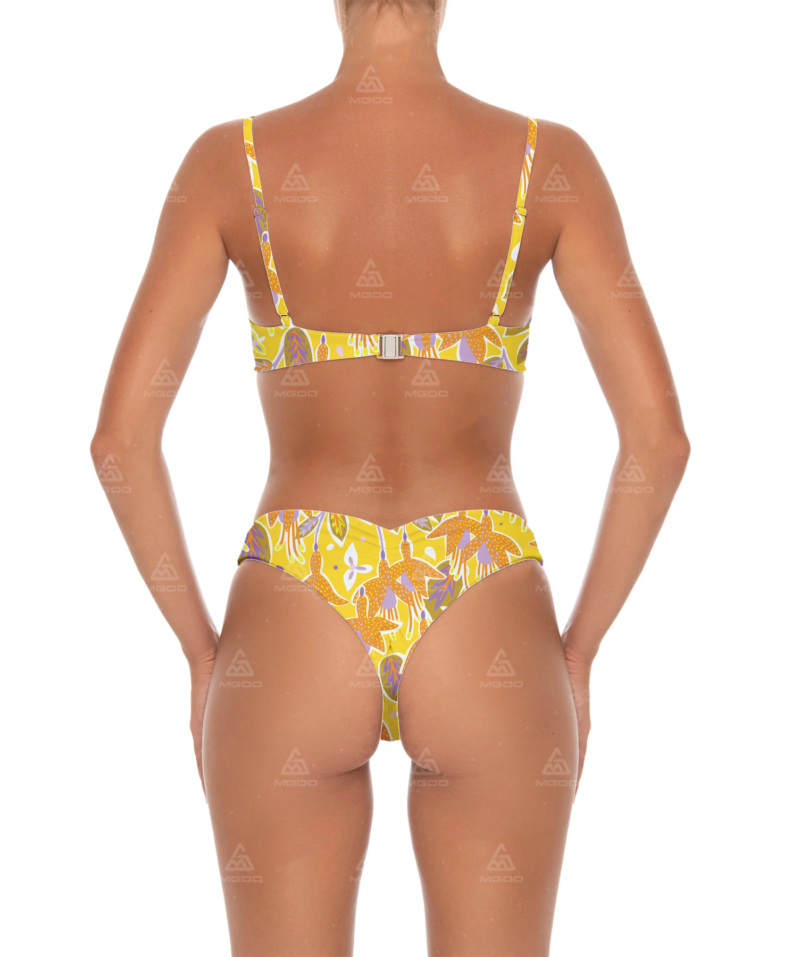 BKN08 Yellow Flower Print Triangle Cup Two-Piece Bikini Set 03