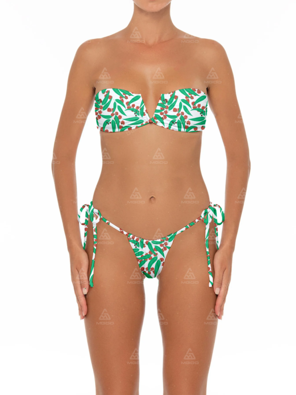 BKN10 Green Leaves Red Flowers Printed Deep V Bralette Two-Piece Bikini Set 01