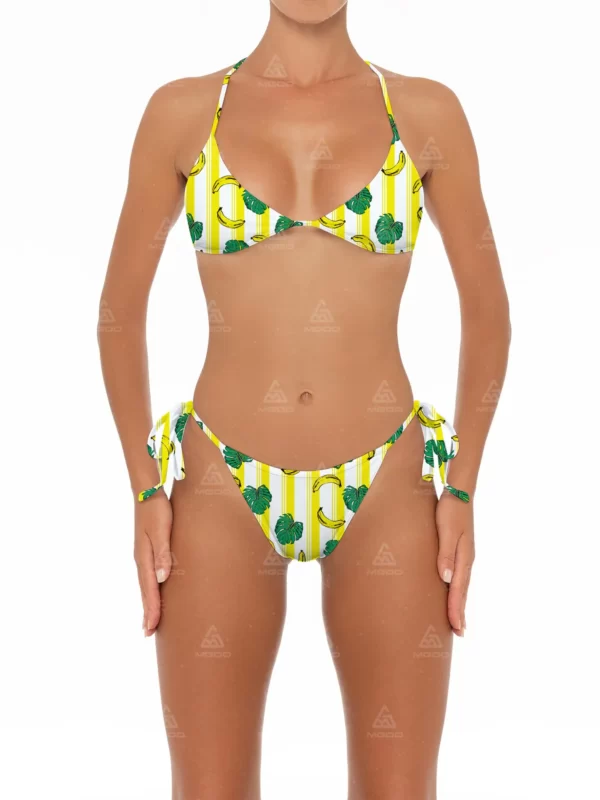 BKN12 Banana Stripes Printed Triangle Cup Fine Rope Hanging Neck Two-Piece Bikini Set 01