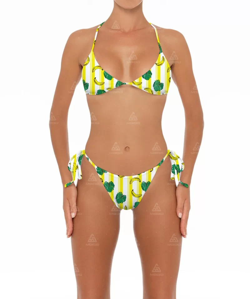 BKN12 Banana Stripes Printed Triangle Cup Fine Rope Hanging Neck Two-Piece Bikini Set 01