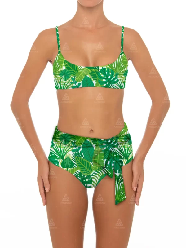 BKN13 Green Banana Leaf Print Bow Halter Swimsuit Two-Piece High-Waisted Bikini Set 01