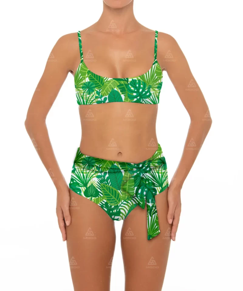 BKN13 Green Banana Leaf Print Bow Halter Swimsuit Two-Piece High-Waisted Bikini Set 01