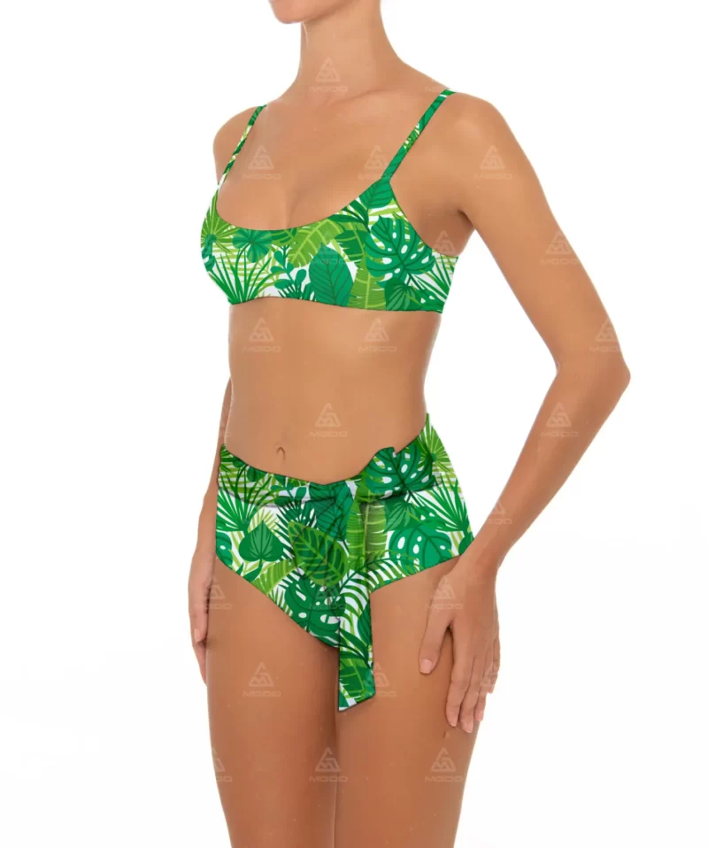 BKN13 Green Banana Leaf Print Bow Halter Swimsuit Two-Piece High-Waisted Bikini Set 02