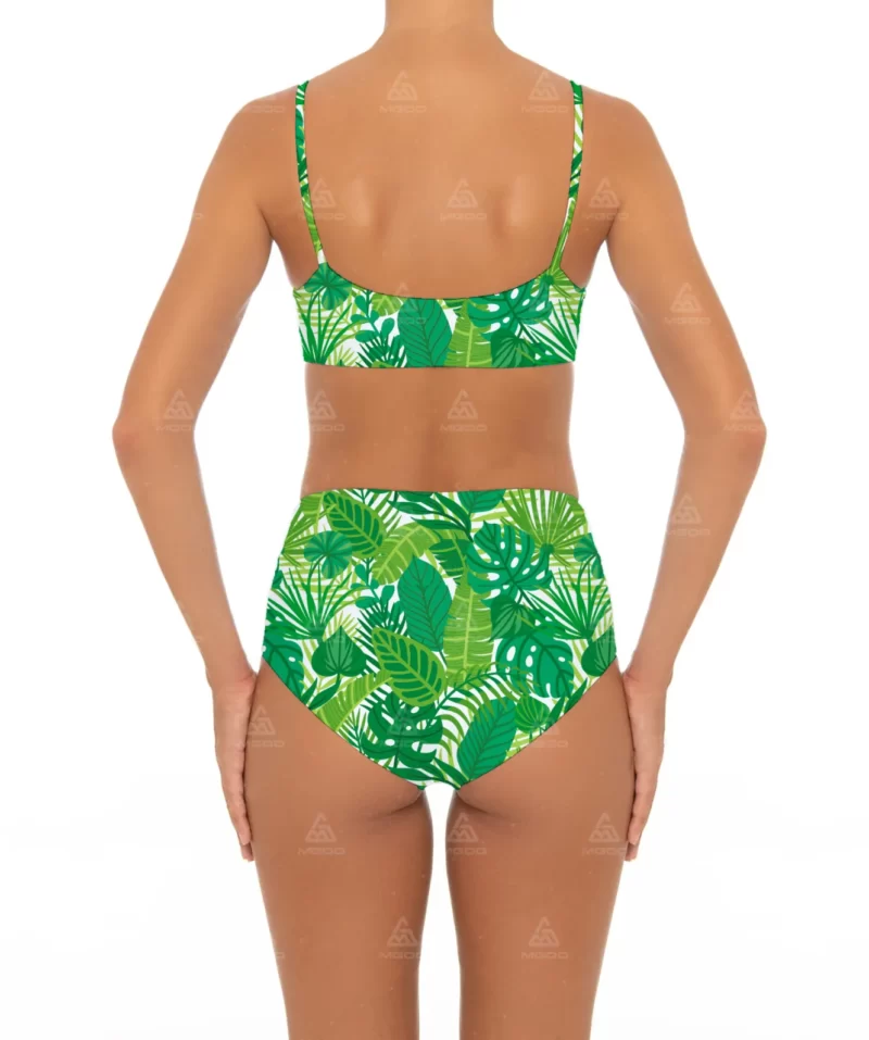 BKN13 Green Banana Leaf Print Bow Halter Swimsuit Two-Piece High-Waisted Bikini Set 03