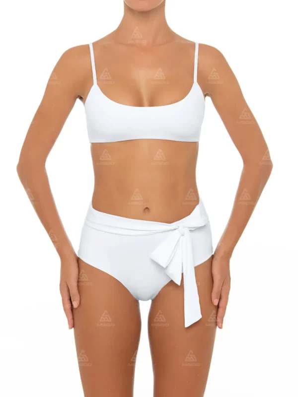 BKN13 Pure White Bow Tie Halter Swimsuit Two-Piece High-Waisted Bikini Set 01