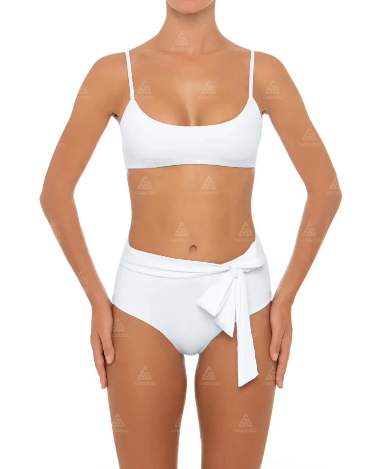 BKN13 Pure White Bow Tie Halter Swimsuit Two-Piece High-Waisted Bikini Set 01