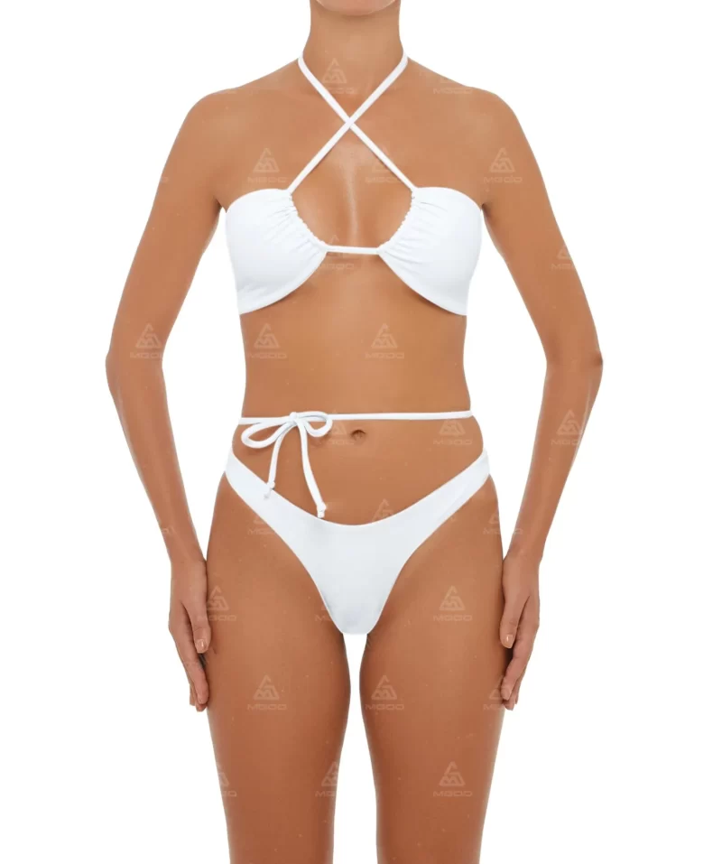 BKN16 Pure White Cross-Length Straps Swimsuit Two-Piece Bikini Set 01