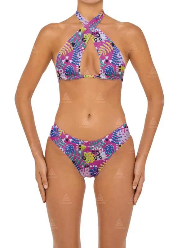 BKN18 Dark pink print cross hollow sexy swimsuit two-piece bikini set 01