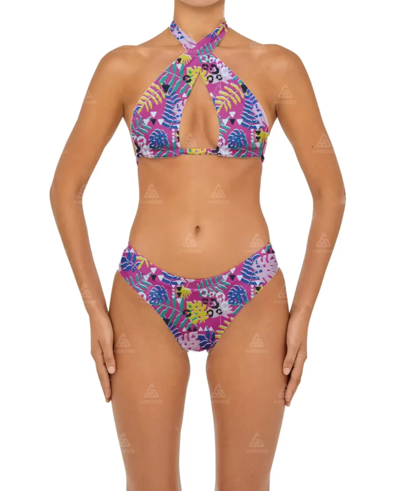 BKN18 Dark pink print cross hollow sexy swimsuit two-piece bikini set 01