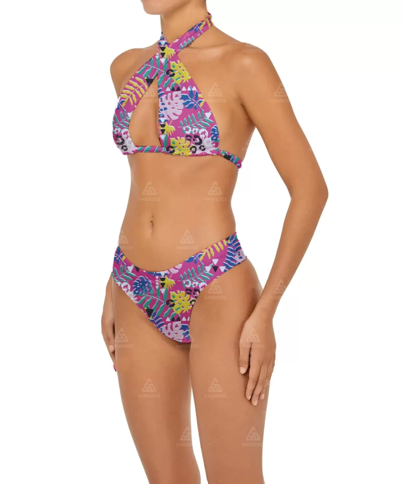 BKN18 Dark pink print cross hollow sexy swimsuit two-piece bikini set 02