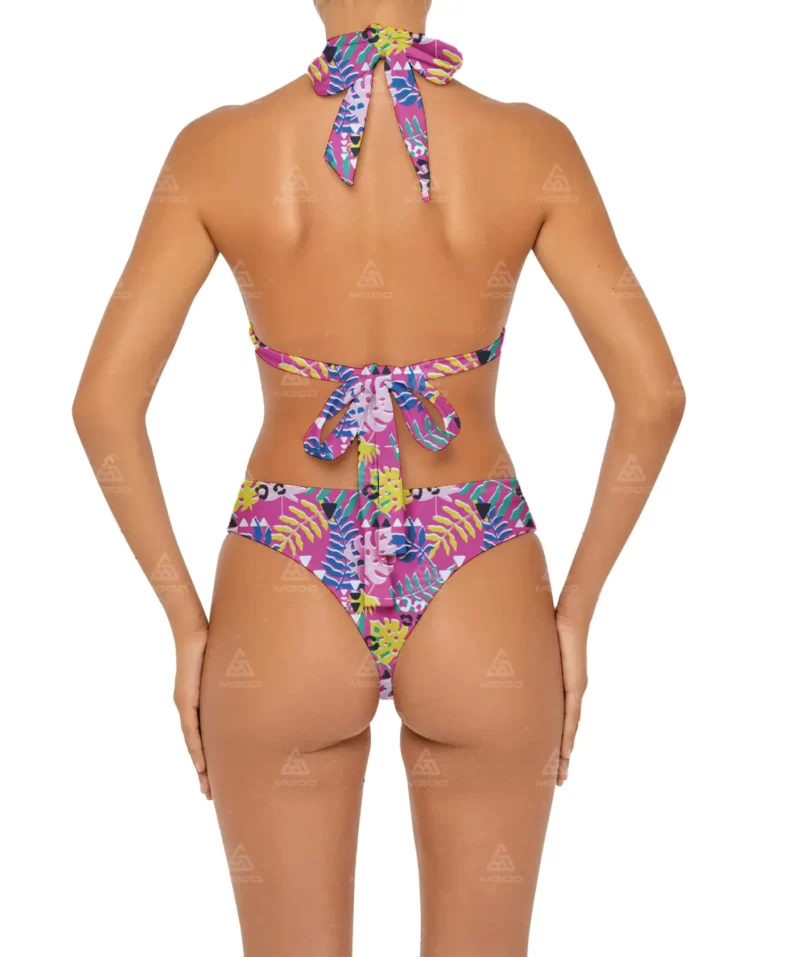 BKN18 Dark pink print cross hollow sexy swimsuit two-piece bikini set 03