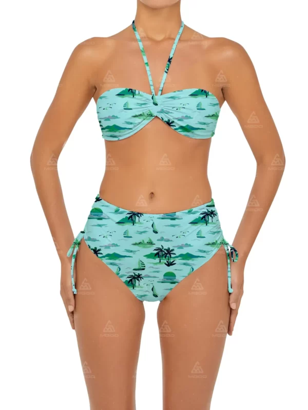 BKN19 Green Hawaiian Print Hanging Neck Sexy Swimsuit Two-Piece Bikini Set 01