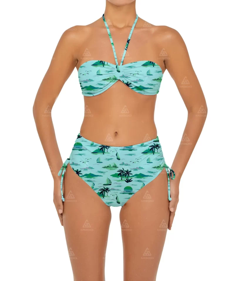 BKN19 Green Hawaiian Print Hanging Neck Sexy Swimsuit Two-Piece Bikini Set 01