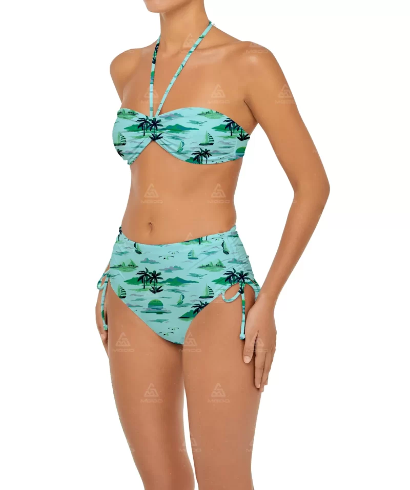 BKN19 Green Hawaiian Print Hanging Neck Sexy Swimsuit Two-Piece Bikini Set 02