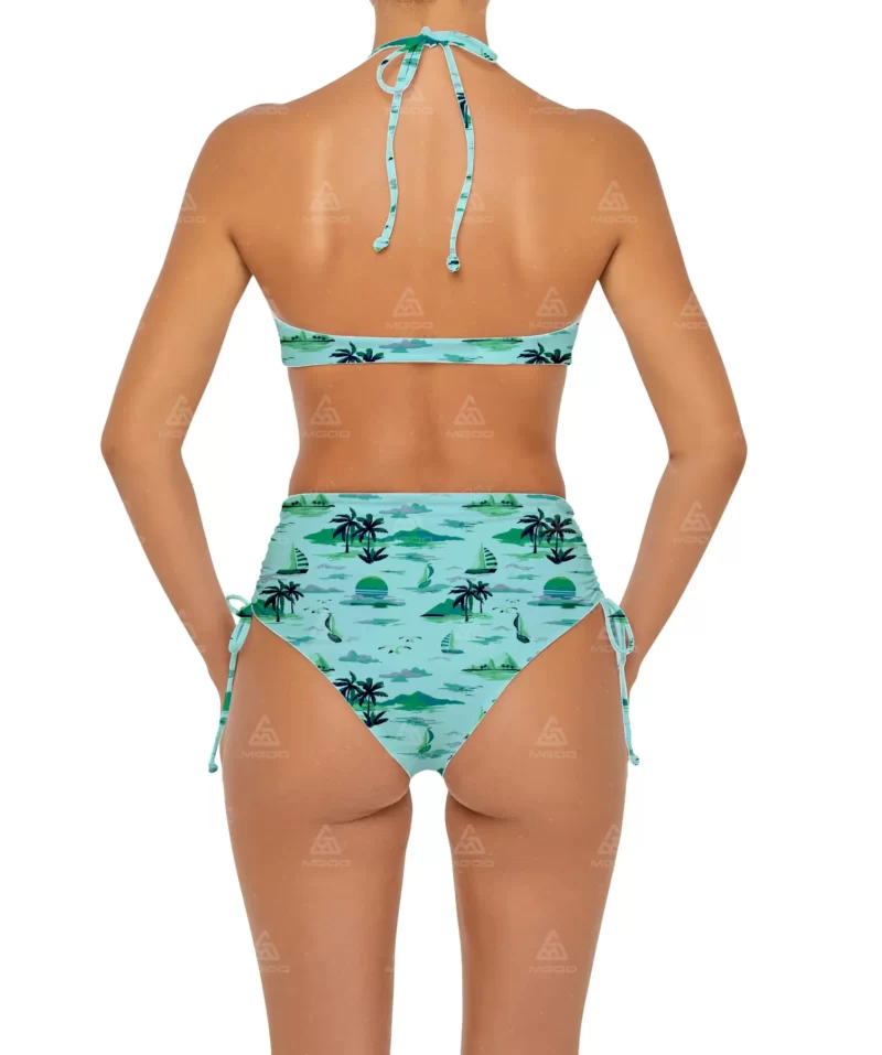 BKN19 Green Hawaiian Print Hanging Neck Sexy Swimsuit Two-Piece Bikini Set 03