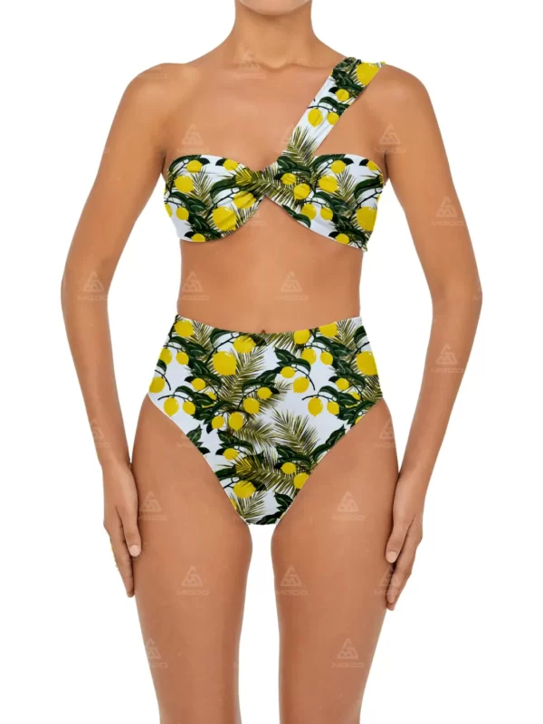 BKN20 Lemon Print One-Shoulder Swimsuit Two-Piece High-Waisted Bikini Set 01