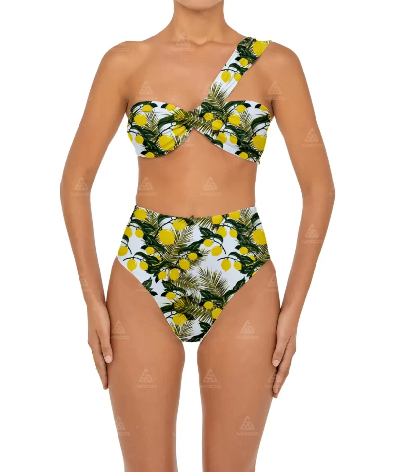 BKN20 Lemon Print One-Shoulder Swimsuit Two-Piece High-Waisted Bikini Set 01