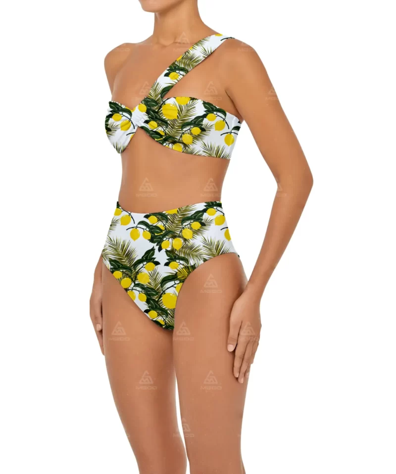 BKN20 Lemon Print One-Shoulder Swimsuit Two-Piece High-Waisted Bikini Set 02