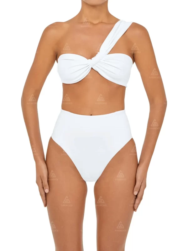 BKN20 Pure White One-Shoulder Swimsuit Two-Piece High-Waisted Bikini Set 01