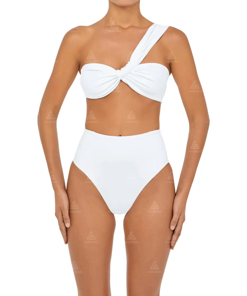 BKN20 Pure White One-Shoulder Swimsuit Two-Piece High-Waisted Bikini Set 01