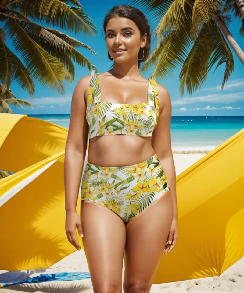 BKN27 Little Yellow Flower Printed Strappy Swimsuit Two Piece High Waist Bikini Set 02