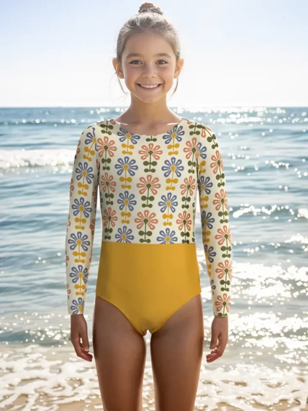 GS13 Long Sleeve Floral Printed Backless Kids Swimsuit Girls One Piece Swimsuit 01