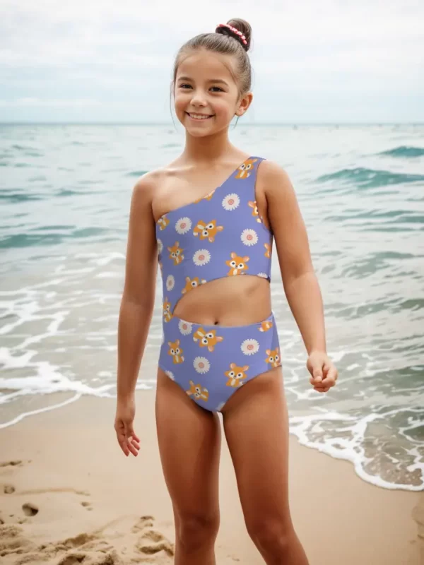 GS14 Single Strap Fox Printed Kids Swimsuit Girls One Piece Swimsuit 01