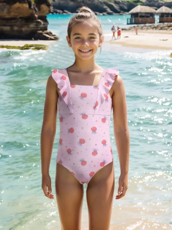 GS15 Double Strap Pink Octopus Printed Kids Swimsuit Girls One Piece Swimsuit 01
