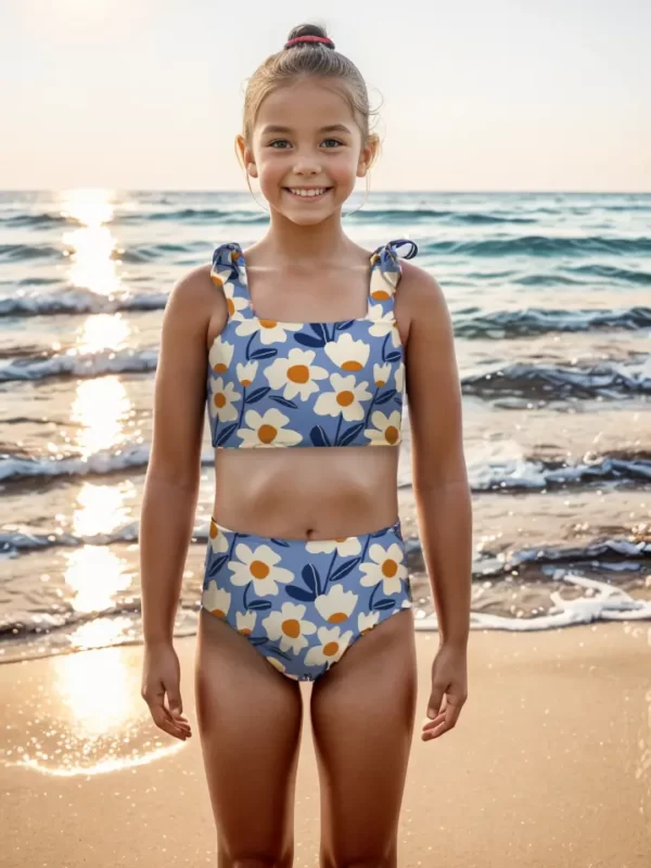GS17 Bowknot Halter Blue Floral Printed Kids Swimsuit Girls Swimwear 01