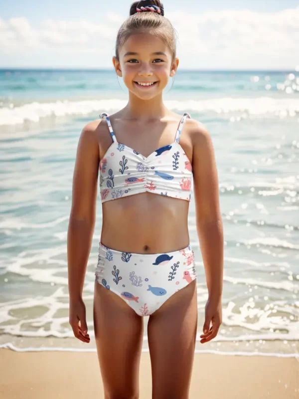 GS18 Bowknot Halter Whale Printed Kids Swimsuit Girls Swimwear 01