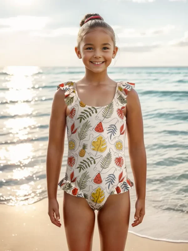 GS19 Ruffle Halter Printed Kids Swimsuit Girls Swimwear 01