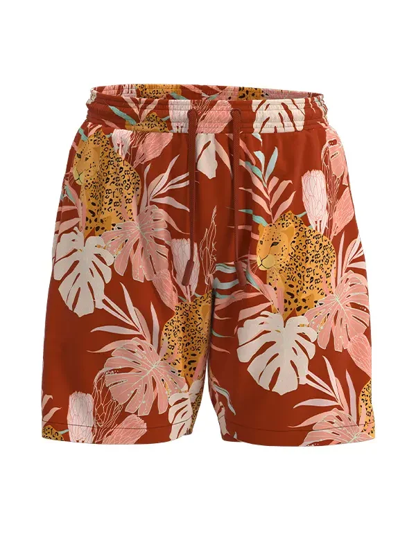 Men's Red Maple Leaf Print Simple Elastic Waistband Beach Shorts