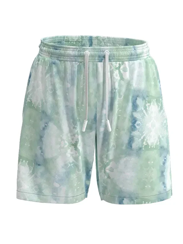 MS27 Men's Mint Green Tie-Dye Print Simple Elastic Waistband Beach Shorts