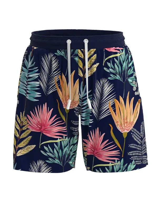 MS28 Men's leaf print simple waist rope elastic Beach Shorts