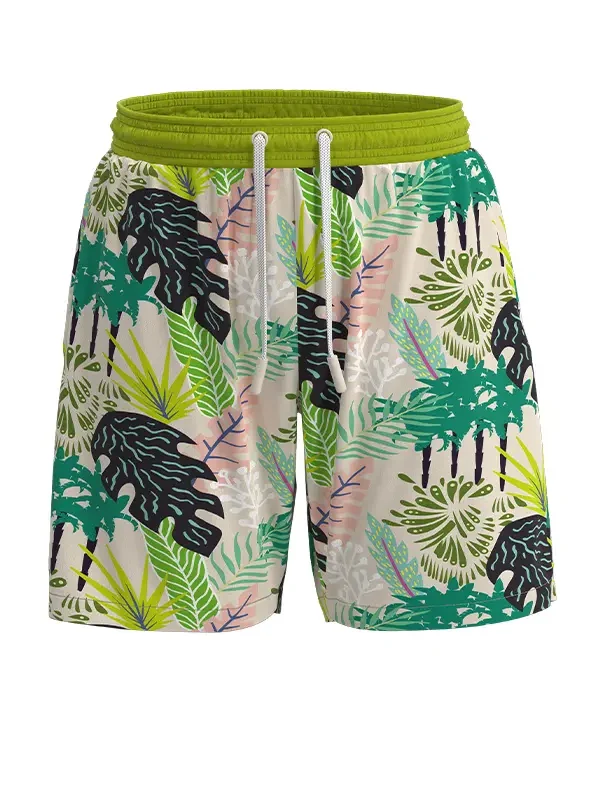 MS29 Men's Green Leaf Print Simple Waist Cord Elastic Beach Shorts