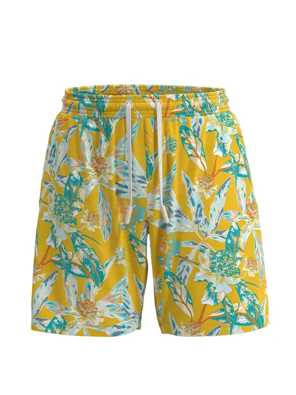 MS30 Men's yellow leaf print simple waist rope elastic Beach Shorts