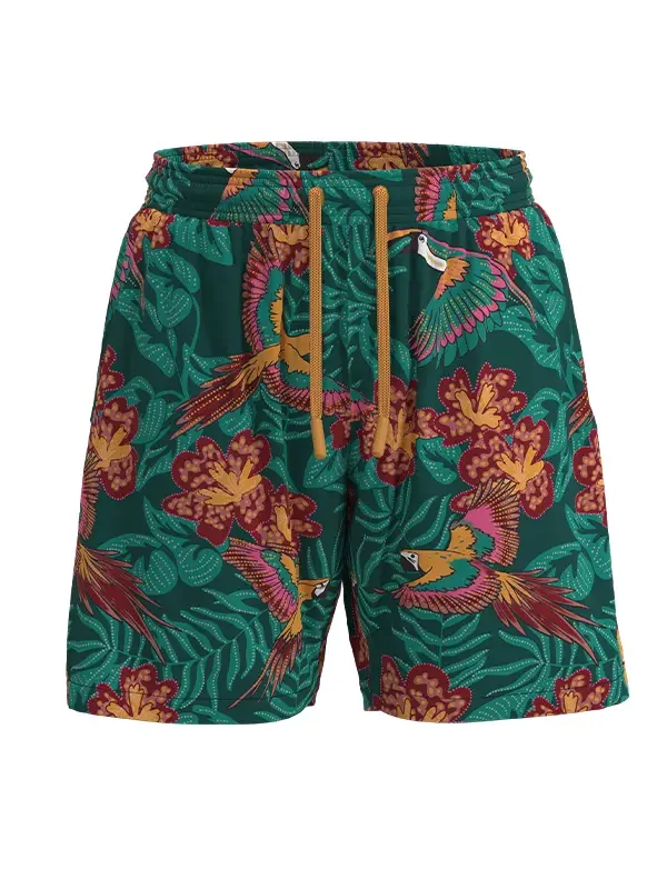 MS34 Men's Green Saffron Printed Simple Waist Cord Elastic Beach Shorts