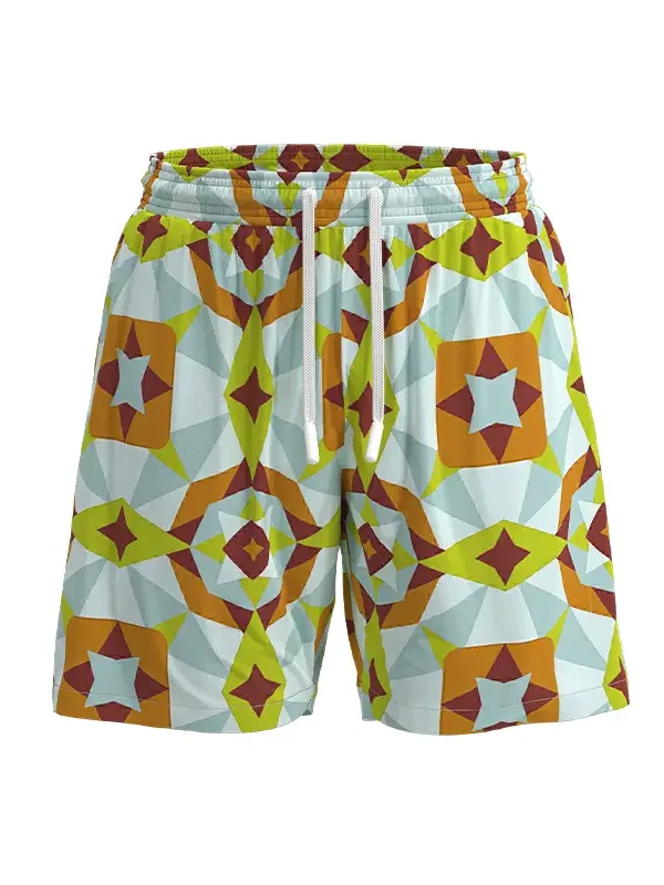 MS36 Men's Blue Geometric Print Simple Waist Cord Elastic Beach Pants Beach Shorts